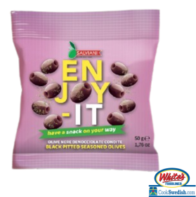Salviani Enjoy-It Black Pitted Seasoned Olives – 1.76 oz (50g)